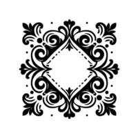 Elegant Black and White Ornamental Frame with Swirls, Leaves, and DiamondShaped Center, Isolated on White. vector