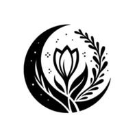 Elegant Monochrome Illustration A stylized floral bloom framed within a crescent moon, adorned with botanical elements, embodying nature and celestial harmony. vector
