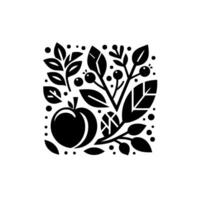 A minimalist black and white illustration of an apple, berries, leaves, and other plant elements in a square . vector