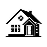 A modern, minimalist architectural illustration of a house, rendered in black and white, showcasing a symmetrical facade with clean lines, windows, and a decorative starburst window. vector