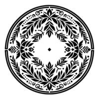 Symmetrical black and white circular ornamental with stylized leaves, dots, and geometric elements, evoking a sense of balance and elegance. vector
