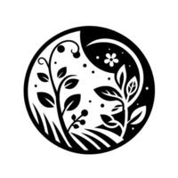 Symmetrical Black and White Illustration of Flourishing Plants, Featuring Foliage, Berries, a Flower, and a Crescent Moon, within a Circular Composition. vector