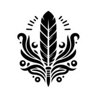 A symmetrical, black and white featuring a stylized feather as the central element, framed by decorative flourish elements. vector