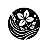Intricate Black and White Circular Floral Featuring a FivePetaled Flower, Leaves, and Flowing Lines, Evoking a Sense of Calm and Nature. vector