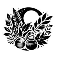 Elegant black and white botanical illustration with a stylized composition featuring leaves, fern, round objects, and a semicircle, creating a harmonious . vector
