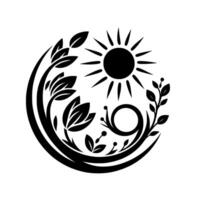 A stylized, minimalist , featuring a black circular composition of leaves, branches, a central sun, and an opencentered spiral. The elegant composition conveys a sense of growth. vector