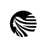 Elegant Silhouette of a Womans Profile with Flowing Hair, Set within a Black Circle, Creating a Striking Monochrome . vector