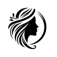 Elegant Silhouette of a Womans Face with Flowing Hair Encircled by a Halo, Accented with Delicate Foliage, in a Black and White Minimalist Style. vector