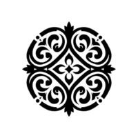 Elegant black and white symmetrical circular featuring intricate floral and scroll elements, set against a subtle background shadow. vector