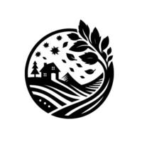 A stylized black and white depicting a rural landscape within a circular frame, featuring a house, trees, fields, stars, and a leafy branch. vector