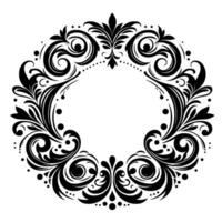 Ornate Black and White Floral Wreath with Swirls, Leaves, and Dot Accents, creating a circular and elegant frame for a central empty space. vector