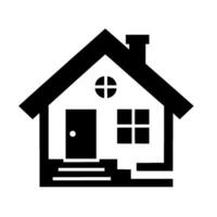 A minimalist monochrome illustration of a stylized house silhouette, featuring a gabled roof, circular attic window, rectangular door, and a square window, all outlined against a white background. vector