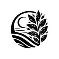 A black and white minimalist illustration showcasing a crescent moon and stylized tree within a circular frame, evoking tranquility. vector
