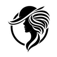 Elegant Silhouette of a Woman in a Hat, with Flowing Hair, Enclosed in a Circular Frame, in a Minimalist Black and White . vector