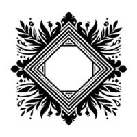 Intricate Black and White Ornamental Featuring a DiamondShaped Frame Encompassed by Floral and Leafy Patterns, Creating a Harmonious Decorative Element. vector