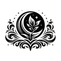 Black and white celestial illustration depicting a stylized crescent moon embracing a blooming plant, surrounded by flowing decorative flourishes and twinkling stars. vector
