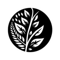 Monochrome Illustration A stylized plant silhouette within a circular frame, featuring leaves and a sprig, evoking nature and simplicity. vector