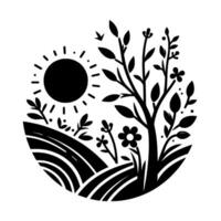 Circular Black and White Illustration of a Sunny Day Landscape Featuring a Tree, Fields, and Flowers vector