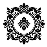 Elegant symmetrical black and white floral ornament featuring a central flower, encircled by a doublelined circular border and ornate, stylized foliage elements. vector