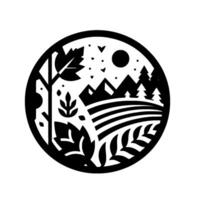 A circular black and white minimalist landscape illustration featuring stylized trees, mountains, fields, and celestial elements within a round frame. vector