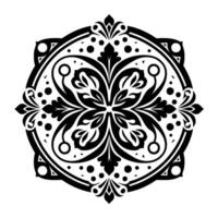 Intricate Black and White Floral Mandala with Symmetrical Elements, Dots, and Geometric Accents. vector