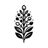 A stylized, symmetrical black and white botanical illustration featuring a central stem with leaves, berries, and dotted accents against a plain white backdrop. vector
