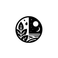 Symbolic black and white circular illustration, representing day and night, with leaves and celestial bodies. vector