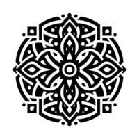 Intricate Black and White Geometric Mandala with Radial Symmetry, Featuring Floral Elements and Geometric Shapes on a Clean White Backdrop. vector