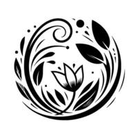 Elegant black and white floral mandala , featuring a stylized tulip, leaves, and swirling vines, creating a harmonious circular composition. vector