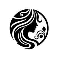 Elegant Black Silhouette of a Womans Profile and Flowing Hair Within a Circular Frame, Decorated with Floral Accents, Set Against a White Background. vector