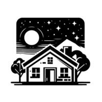 A monochrome illustration of a house under a starry night, featuring trees, mountains, and a radiant moon, creating a serene and peaceful scene. vector