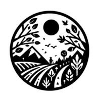 A circular black and white illustration depicts a serene rural landscape with a solitary figure walking along a path towards a mountain beneath a sun, encompassed by trees and fields. vector