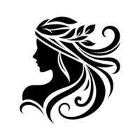 Elegant Silhouette of a Woman with Flowing Hair Adorned with Leaves and Swirls, Set Against a Clean White Backdrop. vector
