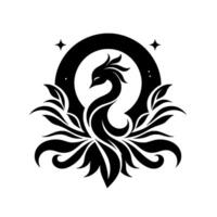 Intricate Black Phoenix A stylized, elegant illustration of a phoenix silhouette within a circle, surrounded by stylized foliage and stars against a clean white background, conveying a sense o vector