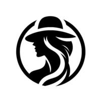 Elegant silhouette of a woman in a hat within a circle, flowing hair, minimalist , monochrome artwork. vector