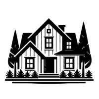 A minimalist black and white cabin silhouette with trees, shrubbery, windows, door, and roof, representing a cozy and charming home. vector
