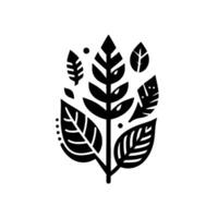 A stylized, monochrome illustration of a botanical arrangement featuring various leaf shapes and patterns, set against a crisp white backdrop. vector