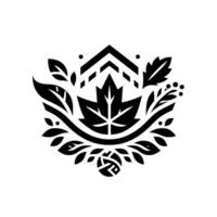 Artistic Black and White Foliage Composition Featuring a Central Maple Leaf Motif, Surrounded by a Decorative Arrangement of Leaves, Berries, and Geometric Accents, Perfect for and . vector