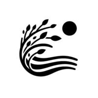 Abstract black and white featuring stylized leaves, flowing lines, and a circular sun symbol, evoking nature and minimalism. vector
