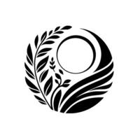 A minimalist, symmetrical black and white , featuring a circular frame with botanical elements and an open circle at its center, suggesting harmony and nature. vector