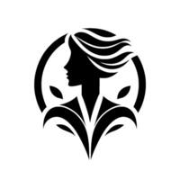 A stylized silhouette of a womans profile within a circular frame, featuring flowing hair and botanical embellishments, presented in a clean, minimalist . vector