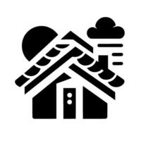 Monochromatic minimalist illustration of a house with a detailed roof, chimney, sun and stormy weather, in a simple yet symbolic style. vector