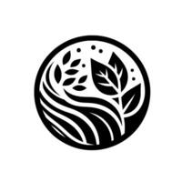 A minimalist black and white circular featuring stylized leaves, flowing lines, and dots within a border, suggesting nature and growth. vector