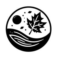 Black and white circular featuring an autumn oak leaf, moon, stars, and stylized water, evoking a sense of natures balance. vector