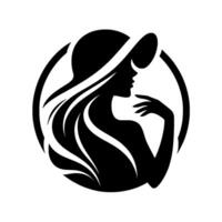 Elegant Silhouette of a Woman in a WideBrimmed Hat and flowing hair, Contained Within a Circle, in a Minimalist Black and White Style. vector