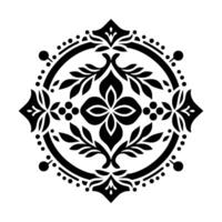 Symmetrical Black Floral Ornament in a Circular Frame, Featuring a Central Flower and Leafy Embellishments on a White Background. vector