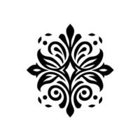 Ornate symmetrical black floral , with flowing leaf and scroll elements, set against a stark white background. vector