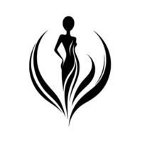 Silhouette of an elegant woman in flowing gown, encircled by stylized organic shapes, a symbol of grace and femininity. vector