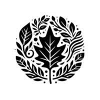 Symbolic Monochromatic Illustration A Stylized Maple Leaf at Center, Surrounded by a Circular Floral and Foliage Composition, Representing Harmony and Nature. vector