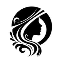 Elegant Silhouette A Womans Profile, Surrounded by Flowing Hair and Decorative Swirls, Enclosed Within a Circular Frame, Illustrating Grace. vector